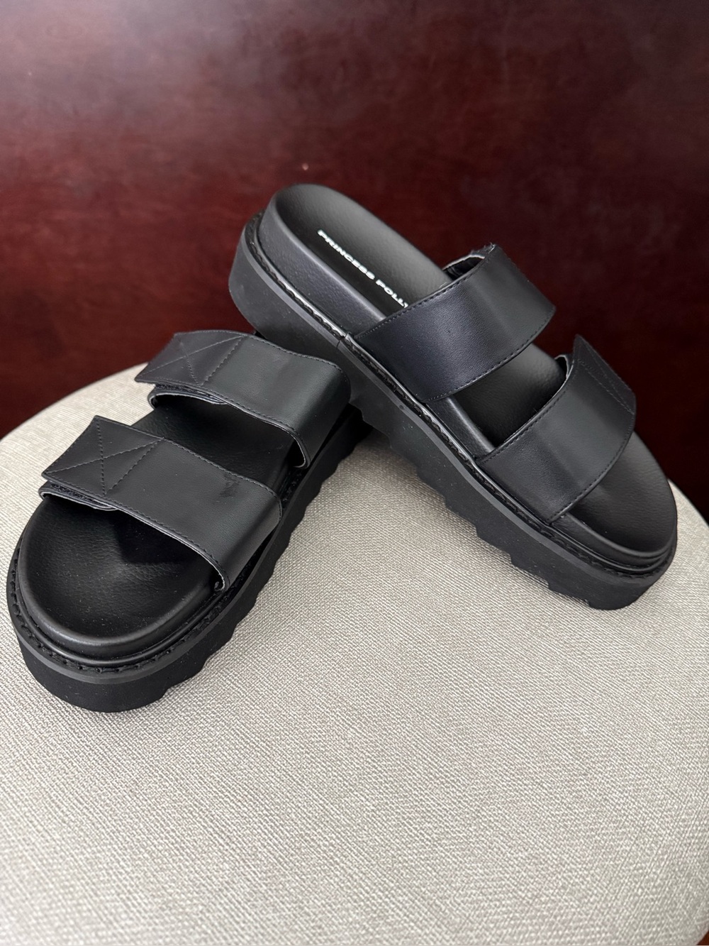 Princess Polly Black Double Strap Platform Slide Sandals Size 6